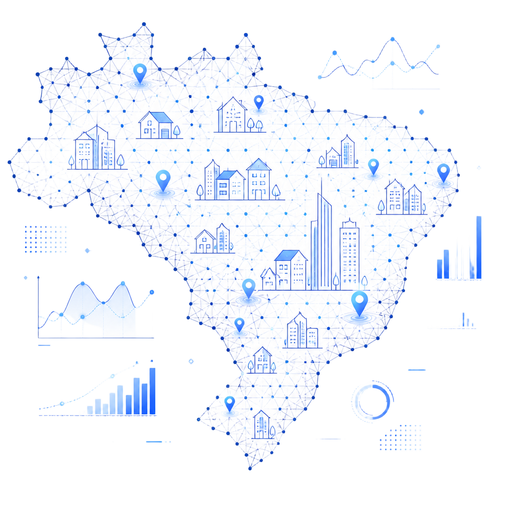 Ilustração do mapa do Brasil com indicadores do mercado imobiliário